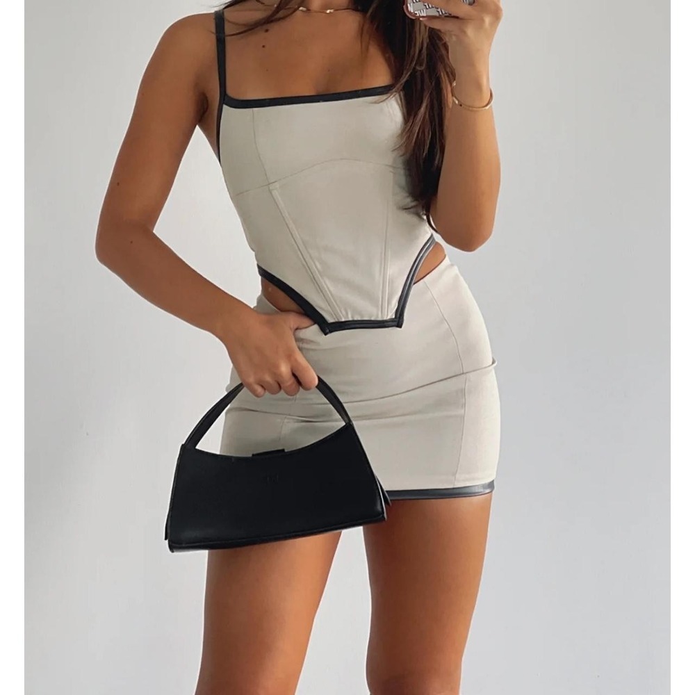 White Fox Cream Bustier Medium Black Trim Festival Club Boned Corset Crop Top